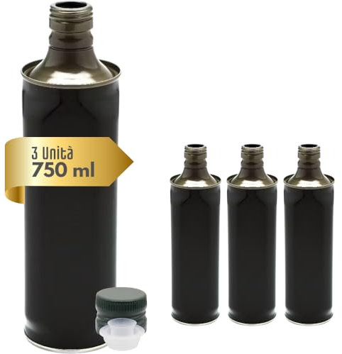 acquaverde | 3 Bottiglie in Latta per Olio di Oliva, Contenitore Alimentare da 750 Ml, con Tappo a Vite e Salvagoccia Prefilettato