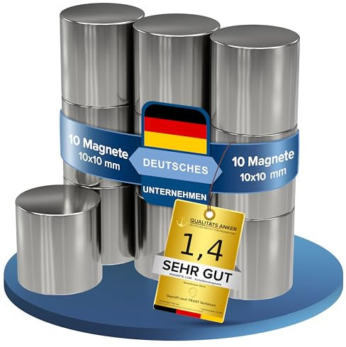 10x Neodym Power Magnet silber - Scheibenmagnet extra stark rund - Durchmesser 10x10mm hoch - starke Supermagnete - Haftkraft ca. 4,5 kg - Magnete für Whiteboard, Pinnwand, Magnettafel, Werkstatt