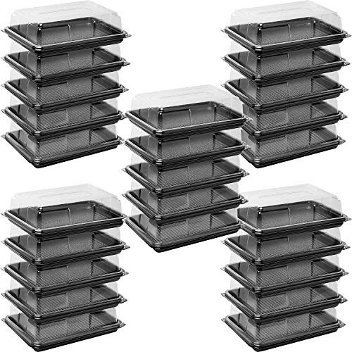 Deli Supplies Pack of 25 Mini Rectangle Food, Cake, Sandwich Platter Tray Set, Black Tray Base with Clear Lid Durable Buffet Catering Food Sandwich Trays (L250mm x W180mm x 70mm with Lids)