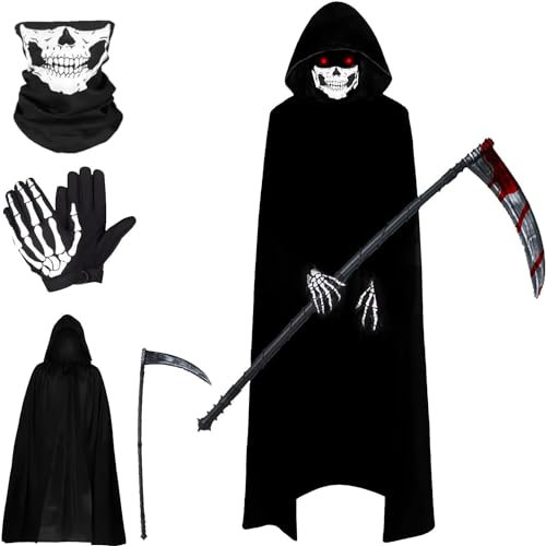 Yi'antai Costume de faucheuse pour Halloween, cape avec masque, gants, cape de vampire, unisexe, 140 cm, pour Halloween, décoration de fête, cosplay
