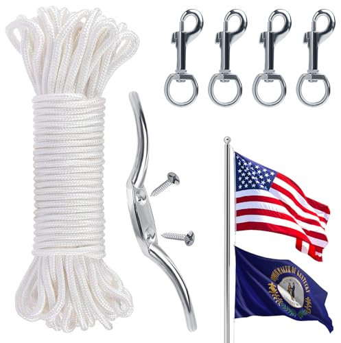 PAMASE Fahnenmast-Seil-Set – 30.5 m Fahnenmast, Halyard Seil 0.6 cm dick mit 4 Stück Zinklegierung, doppelt geflochtenes Nylon-Fahnenmast-Seil, Outdoor-Fahnenmast-Zubehör