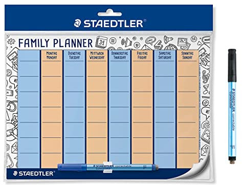 STAEDTLER Familienplaner Lumocolor, selbsthaftend und wiederverwendbar, trocken abwischbar, inkl. Lumocolor correctable in Blau und Schwarz, Stiftklemme