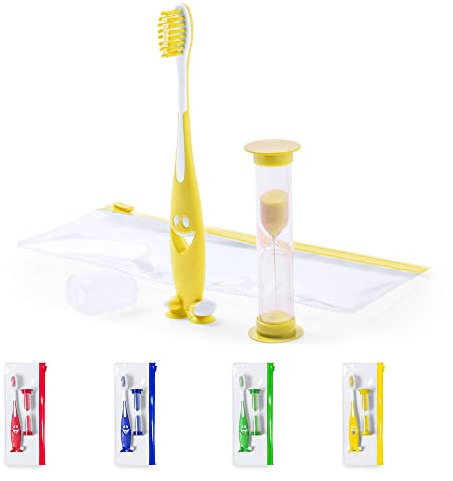 CEZARO - Set de brosse à dent jaune pour enfant : Une brosse amusante avec ventouse + Un sablier de 2 min + Une trousse de rangement (Fident jaune)