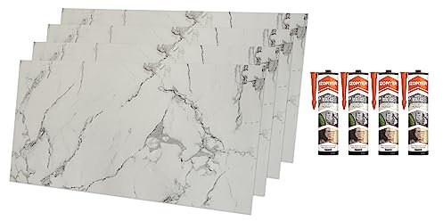 IZODEKOR Wandverkleidung Marmoroptik -4 Pcs 120x60cm- Alternative zu Badfliese/Küchenfliese, Duschwandpaneele, Wandpaneel für Küchenrückwand, Badezimmer, mit 4x Montageklebert | Carrara