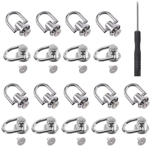 Keadic 21Pcs Silver D Rings Rivets with Hole Punch and Screwdriver, 360 Rotatable Brass Post Head Buttons Studs Rivets Nails Chicago Stud Screw for DIY Leather Collar Belt Backpack Handbag