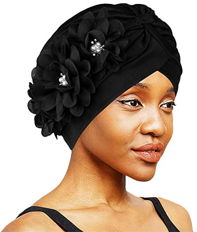 Turban Damen Sommer Turbanhut mit Blumen Knoten Kopfwickel Elastisch Turban Mütze Elegant Afrikanisch Headwrap Leicht Turbankappe Muslem Kopftuch Mädchen Haarband Chemo Strand Haarpflegen Schwarz