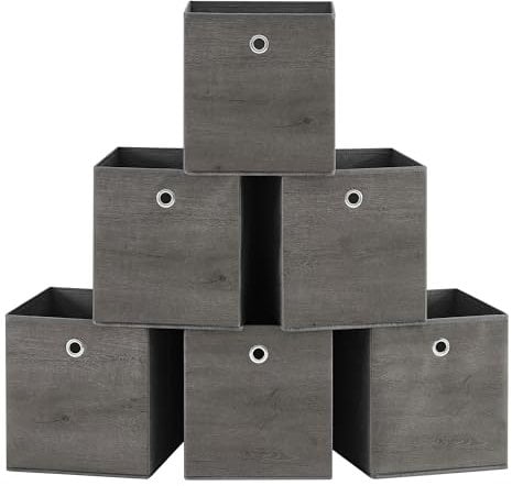SONGMICS Storage Cubes, Set of 6 Storage Bins with Handle, Non-Woven Fabric Storage Boxes, 26 x 26 x 28 cm, Fit Cube Storage Unit, Foldable, Clothes Storage, Misty Grey RFB126G01