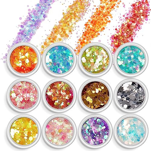 AOOWU Glitter, 12 Farben Festival Glitzer Gesicht, Halloween Schminke Make-up Glitzer Haare, Körperglitzer Festival Zubehör Glitter für Gesicht Nägel Augen Lippen Haare Körper (02)