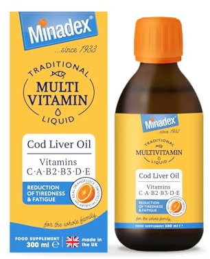Minadex Traditional Multivitamin Liquid 300 ml – Cod Liver Oil, Vitamin C, A, B2, B3, D & E, Immune Support, Energy & Bone Health, Natural Orange Flavour 2-Month Supply, Spoon Included, Made in UK