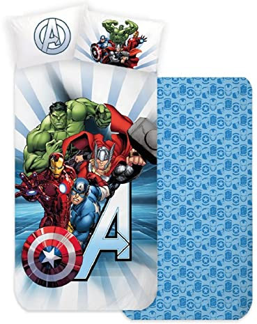 Kinder-Bettwäsche-Set, 3-teilig, Spannbetttuch, Bettlaken, Kissenbezug, Einzelbett, 100 % Baumwolle (Avengers)