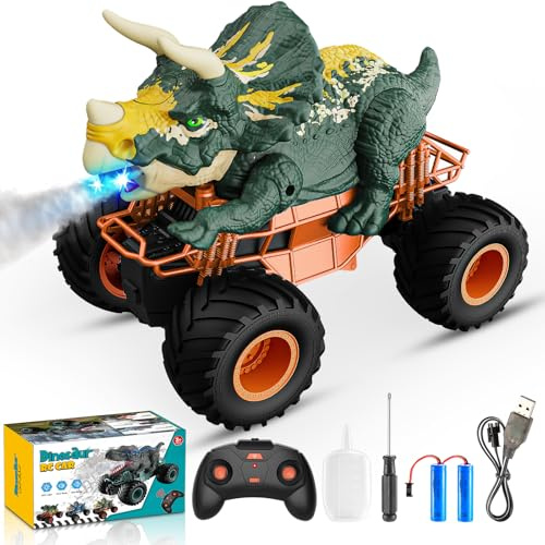 HappyGoLucky Monstertruck Ferngesteuertes Auto ab 3 4 5 6 7 8 Jahre, Dinosaurier Spielzeug ab 3-10 Jahre Junge, RC Auto mit Sprühnebel, Musik, LED-Leuchten, Outdoor Spielzeug Ostern Geschenk Kinder