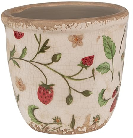 Clayre & Eef Blumentopf Ø 11x10 cm Beige Rot Keramik Erdbeeren Innenblumentopf