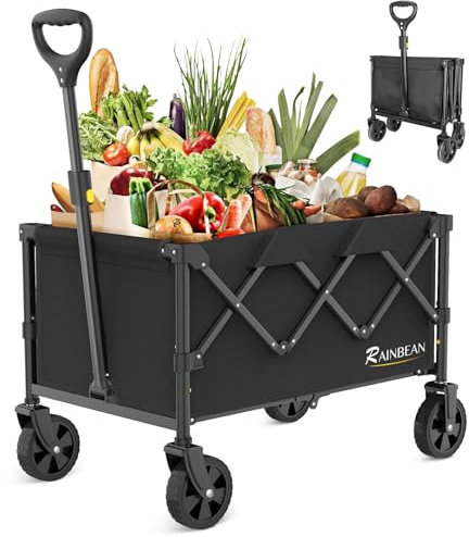 RAINBEAN Bollerwagen Faltbar Strand Handwagen mit Seitentasche verstellbarem Griff Klappwagen Tragbar Gartenwagen Strandwagen für Camping Garten Einkauf Tiefschwarz (264lbs)