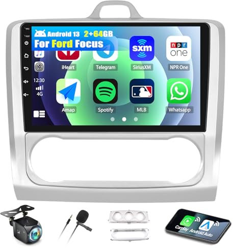 【2+64G】Android 13 Radio para Ford Focus Exi MT 2 3 Mk2/Mk3 2004-2011 con Carplay Android Auto, Pantalla Táctil 9 con MirrorLink/BT/FM GPS/WiFi, DSP/EQ/HiFi/SWC+Cámara Trasera