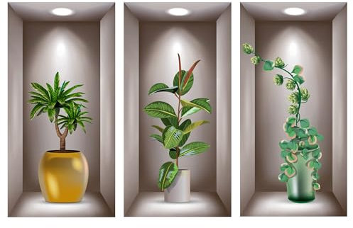 Wandtattoo Pflanzen 3D Grüne Pflanze Wandsticker Topfpflanze Wandaufkleber Blumen Kaktus Wandbilder Bonsai Vase Selbstklebend Wall Sticker Entfernbarer für Küche Wohnzimmer Bad Büro Wanddeko (A)