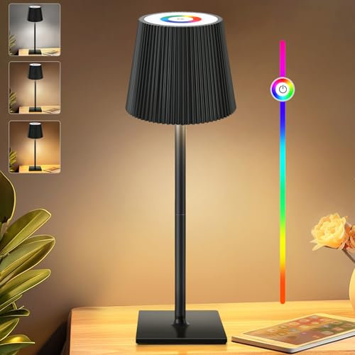 Riokko LED Tischleuchte Kabellos Touch Dimmbar RGB & 3 Farbtemperatur 5200mAh Nachttischlampe, USB-C Akku Tischlampe Aufladbar für Outdoor Nachttisch Esstisch Schreibtisch