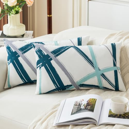 Jayusaror Blaugrün Kissenbezug 30x50 Samt Türkis Grau Kissenbezüge Weiche Sofakissen Geometrische Dekokissen Moderne Kissen Deko Kissenhülle für Wohnzimmer Sofa Schlafzimmer Dekor，2er Set