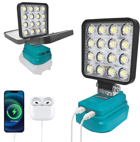bycpower Akku Lampe für Makita 18V, 40W 4000LM Kabellose Arbeitsleuchte, 2 Modi LED Akku Strahler mit 2 USB-Aufladung, Tragbares Flutlicht für Notfälle, Baustelle, Camping, Autoreparaturen (kein Akku)