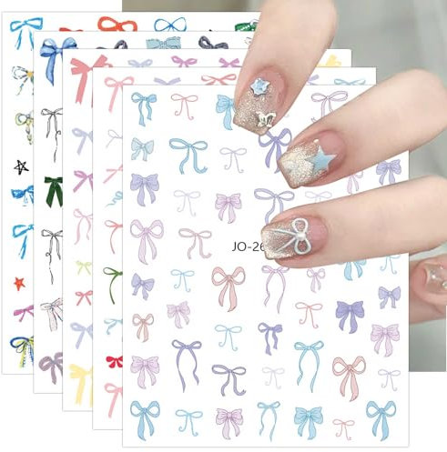 JMEOWIO 9 Sheets Pink Glitter Nail Art Stickers Decals Self-Adhesive Heart Bow Tie Nail Supplies Nail Art Design Decoration Accessories