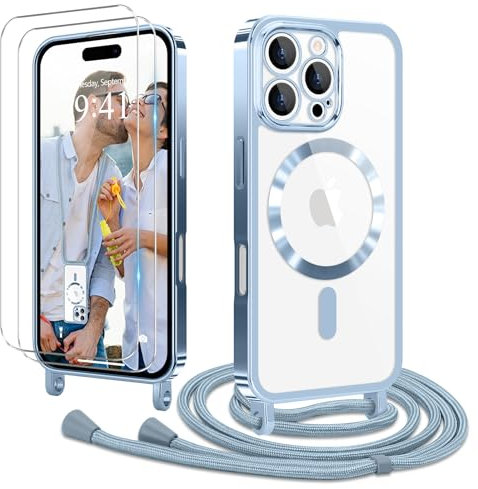 Ethanger Handyband für iPhone 16 Pro Hülle mit Band + 2 Stück Glas Schutzfolie Transparent Silikon Handyhülle Magnetische Schutzhülle Case zum Umhängen Kordel für iPhone 16 Pro Blau
