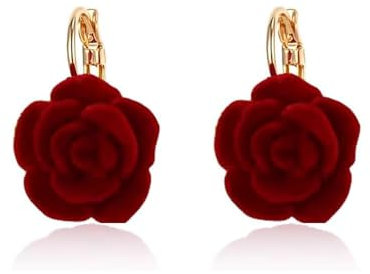 Vintage Rose Flower Hoop Earrings for Women Girls Gold Plated Hypoallergenic Red Velvet Camellia Floral Huggie Hoops Earring Elegant Wedding Holiday Valentine Jewelry Gifts