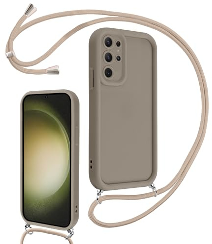 Coalbooliy Coque pour Samsung Galaxy S23 Ultra 5G 6,8 avec Cordon de Collier Réglable, Etui Protection Caméra Silicone Souple TPU Antichoc Housse avec Corde Lanyard Cover pour Femmes Filles, Kaki