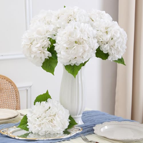 Nubry 4Pcs White Hydrangea Artificial Flowers, 22.5In Latex Faux Real Touch Large Hydrangea Flowers with Long Stems & Leaves for Home Office Decor Wedding Party Arrangements(White)