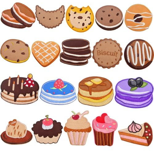 Selbstklebende Aufnäher für Kekse, Kuchen, gemischte Cupcakes, Kekse, Desserts, bestickt, zum Aufnähen, dekorative Applikationen für selbstgemachte Kleidung, Hüte, Jeans, Reparaturzubehör, 19 Stück