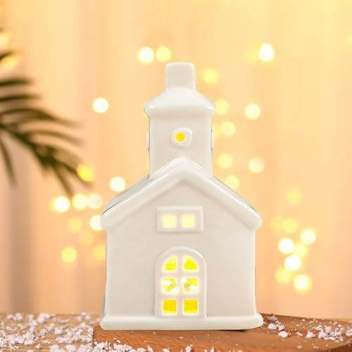 Weihnachtsdeko LED Weihnachtshäuser,Keramik Weihnachtsdeko Innen Weihnachtsdorf mit Beleuchtung,Weihnachtshaus Beleuchtet mit LED Licht,Porzellan Lichthaus Weiß Windlicht Haus für Weihnachten Deko (A)