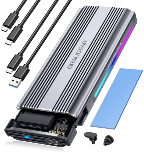 GRAUGEAR M.2 SSD alloggiamento in alluminio, 10 Gbps, NVMe e SATA, USB 3.2 Gen2, supporta 2280/2260/2242, Dynamic RGB Lighting, dissipatore di calore, senza attrezzi