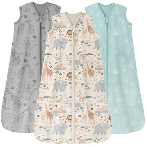 Unnivoll Gigoteuse 18-24 Mois, Gigoteuse Été Tog 0.5, Lot de 3, 100% Coton, Turbulette pour Bébé Nouveau-né Garçons Filles Éléphant Gris-Vert-Abricot