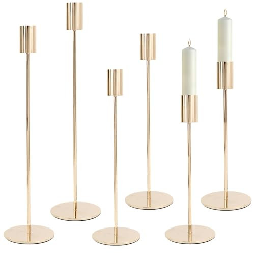 6Pcs Portacandele Oro 32/27/22cm per Candele 2.2cm, Candelabro Metallo Alto Soggiorno, Decorativi Tavola Moderno, Porta Candeliere Tavolo per Matrimoni,Compleanni,Natale,Halloween Regalo, Cena a Lume