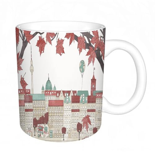 YFHJV Coffee Mug Funny Mug,Hello Autumn in Berlin - Hand Drawn Colorful of The City with TV Tower c,Tea Cup Cup Gift Birthday Work Office Christmas Printed Coffee Cup 11Oz Cups 330ml Large Coffee Mug