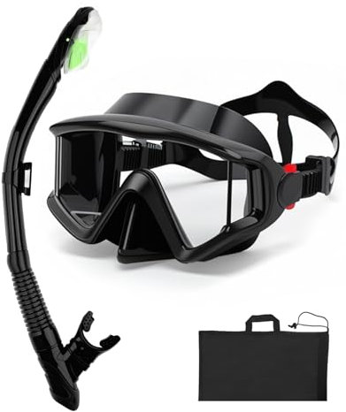 Professional Dry Snorkel Set Newly Upgraded Tempered Glass Lenses Anti-Fog Scuba Diving Mask 180° Panoramic View High Definition Effortless Breathing Ideal for Adults and Youth Black