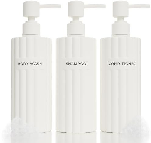 Stilvoller Shampoo- und Spülungsspender-Set mit 3 Stück – Moderne Duschseifenflaschen mit Pumpe und Etiketten – einfach zu befüllender Duschwaschspender für EIN sofortiges Badezimmer-Dekor-Upgrade
