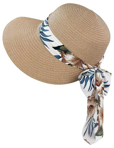 Feelorna Chapeau de paille pour femme - Protection UV - Avec large bord - Respirant - Pliable - Pour la plage - Pour les voyages et les vacances, Marron A, taille unique