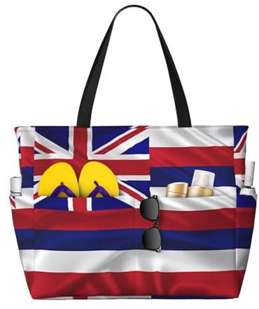 kastiong Große Strandtasche mit Flagge von Hawaii, 28 l, 7 Taschen, wasserdicht, Reise-Umhängetasche, Fitnessstudio, übergroße Tragetasche