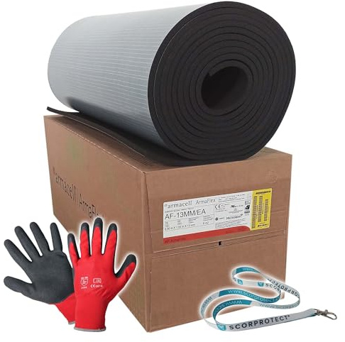 Armacell Armaflex original AF Kautschuk Platten selbstklebend + rote Handschuhe + Scorprotect® Schlüsselband (Schwarz, Isolierstärke 13 mm, 1000 x 8000 mm)