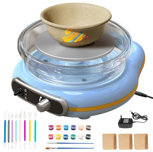 Elektrische Töpferscheibe Maschine, 12CM Töpferscheibe mit Stufenloser Geschwindigkeit, Töpferscheibe Formmaschine 0-200 U/min Keramikmaschine mit 8 Zubehörteilen, Bastelset für DIY-Töpferkurse