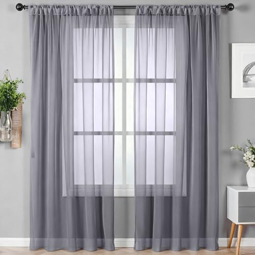 Alaoo Voile Vorhänge, 2er Fensterschal Lichtdurchlässig, 142 X 230cm,Grau | Voile Polyester,Transparent Wohnzimmer Luftig Dekoschal für Wohnzimmer Schlafzimmer Stangendurchzug
