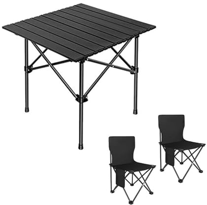 HBOOMOEM Camping Set Mit Tisch & KlappstüHlen,Robuster Tisch Und StüHle Im Freien Set ,Tasche Mit Stauraum, Geeignet FüR Strand, Garten, Wandern, Reisen, Angeln, Grillen.(Black,53CM+2 Chairs)