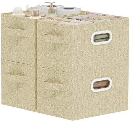 ENUMAIL Cesta Almacenamiento Lavable,26x20x17cm,Gris y Beige,4 Piezas | Caja de Almacenaje con Placa de Soporte PP,Contenedor Almacenamiento con Manija Metálica,Plegable Cesta para Armario sin Tapa