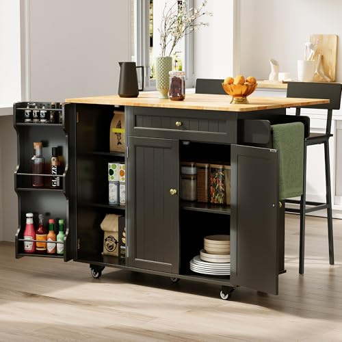 Xbro Kücheninsel mit Arbeitsplatte, Küchenwagen auf 5 Rädern mit Ablage und 1 Schublade, für Küche und Esszimmer, 130 × 75 × 88 cm, Schwarz