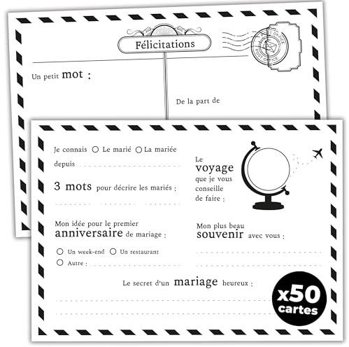 aliceandberry Cartes Livre d'or Mariage | Lot de 25 ou 50 | Questions et Anecdotes à Remplir par les Invités pour les Mariés | Design Vintage Noir et Blanc | Souvenir Original | Marque française