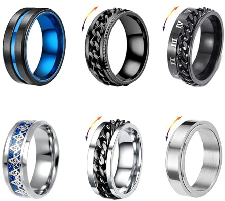 Uwiyo 6 Stück Edelstahl Herren Ring, Männer Spinner Ring Spinner Kette Link Ringe Silber Schwarz Blau Cool Band Ringe Anxiety Ringe Ehering Verlobungsring für Herren Männer, Größe 52-70