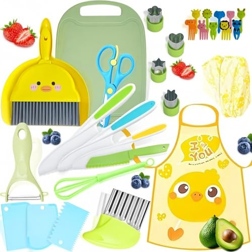 SuBeriYi 31 Pcs Montessori Kitchen Toys for Toddlers, Kids Kitchen Tools | 31Pcs Safe Toddler Cooking Tools, Kids Knife Set, Real Cooking Utensils for Kids 3+ Ages
