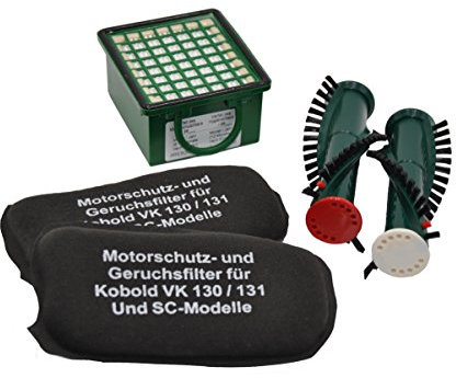 SET Hygienefeinfilter + 2 Geruchsfilter Aktivkohlefilter geeingnet für Vorwerk Kobold VK 130 oder 131 auch SC + 1 Paar Ersatzbürsten geeignet für Elektroteppichbürste EB 350 351 340