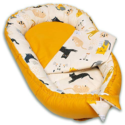 PALULLI Babynest, multifunktionales Kuschelnest mit Weiches zusätzlicher Matratze, Kokon, Nestchen, Babybett, Reisebett für Neugeborene, 100% Baumwolle Oeko-TEX, HERGESTELLT IN DER EU (Cats)