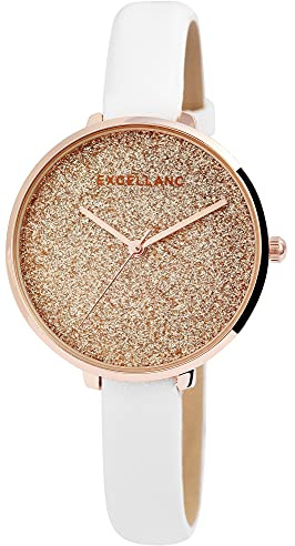 Excellanc Damen-Uhr Kunstleder Armband Dornschließe Glitzer Analog 1900203 (weiß)