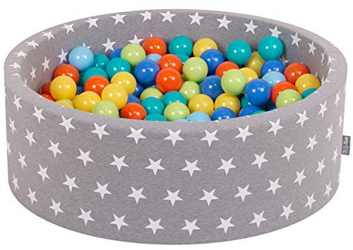 KiddyMoon Rund Bällebad Bällepool 90X30cm/200 Bälle ∅ 7Cm Sterne-Muster Ballgruben Für Babys Spielbad Kleinkinder, Hergestellt In Der EU, Grausterne: Hellgrün/Orange/Türkis/Blau/Bblau/Gelb